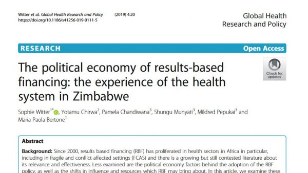 Screengrab of the top of an academic paper which reads 'The political economy of results-based financing: the experience of the health system in Zimbabwe'