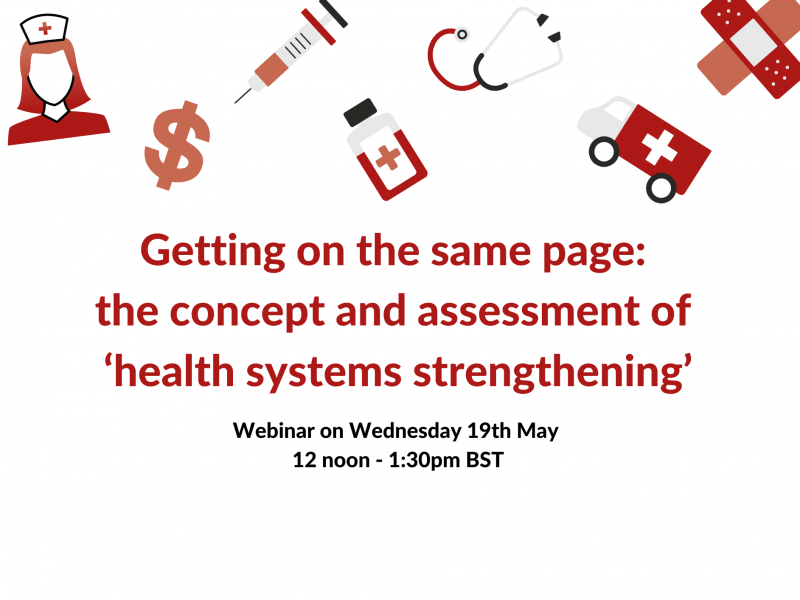 Red and pink medical icons plus the words Getting on the same page the concept and assessment of ‘health systems strengthening’