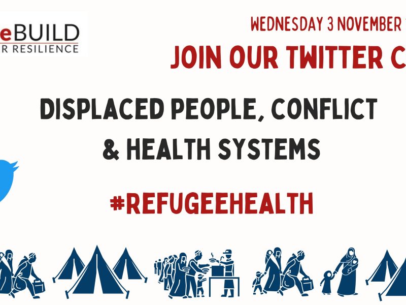 Graphic showing the name and date of the event plus icons showing refugees and the twitter icon