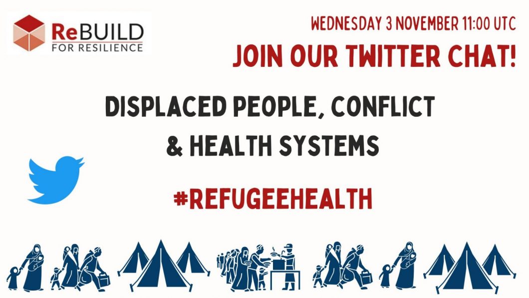 Graphic showing the name and date of the event plus icons showing refugees and the twitter icon