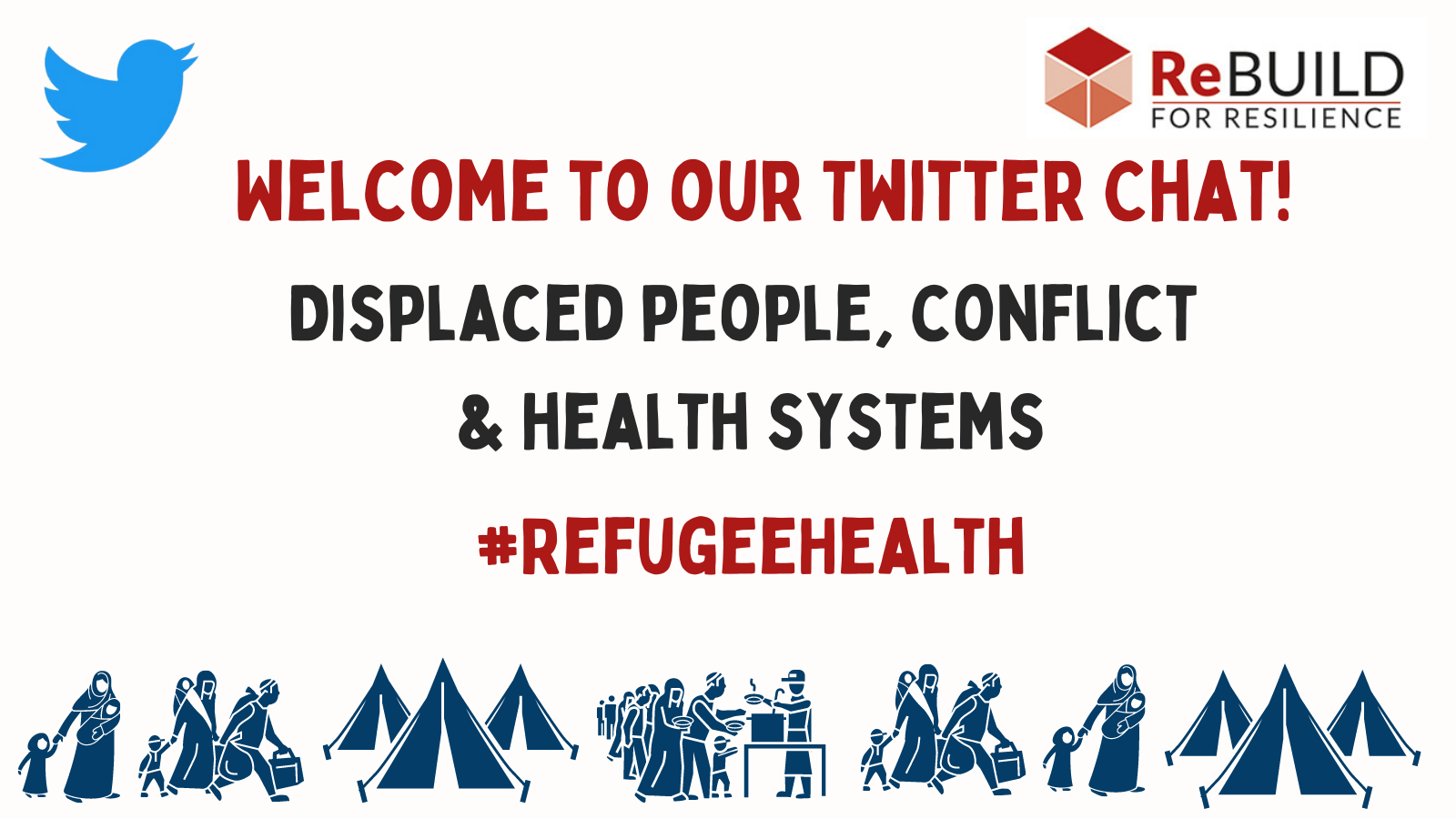 Image welcoming viewers to the twitter chat on dispalced people, conflict and health systems