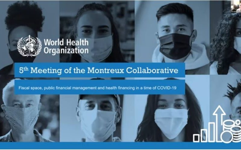 Screengrab of the start of the video recoridng - features the WHO logo, the words '5th Meeting of the Montreux Collaborative' and masked faced in the background