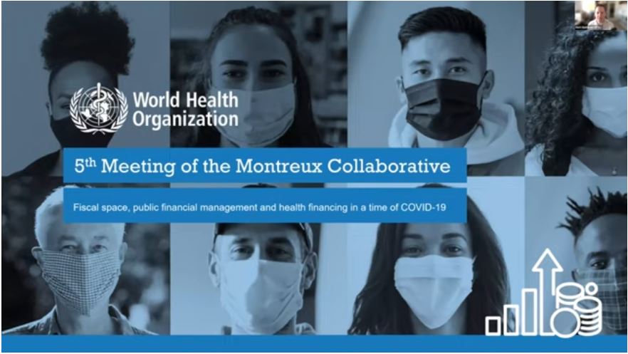 Screengrab of the start of the video recoridng - features the WHO logo, the words '5th Meeting of the Montreux Collaborative' and masked faced in the background