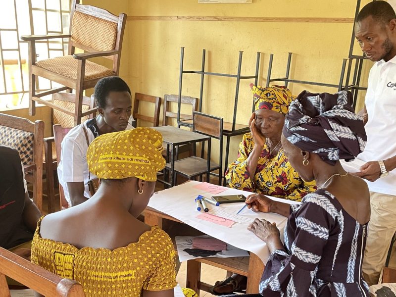 Men and women from Sierra Leone sit around a desk discussing a plan