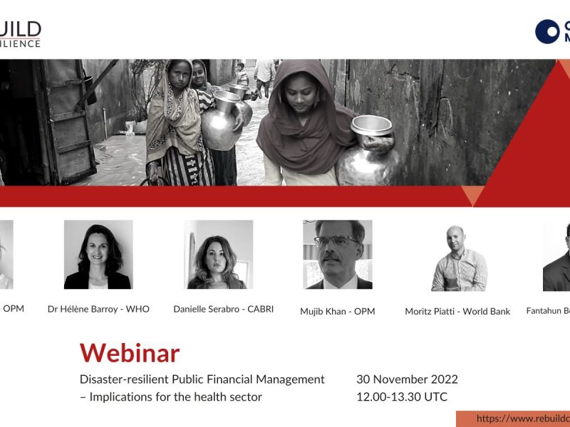 Advert for the webinar featuring black and white photos of women carrying water ctonaers through a flood and headshots of 6 speakers