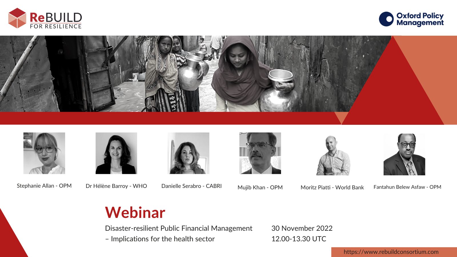 Advert for the webinar featuring black and white photos of women carrying water ctonaers through a flood and headshots of 6 speakers