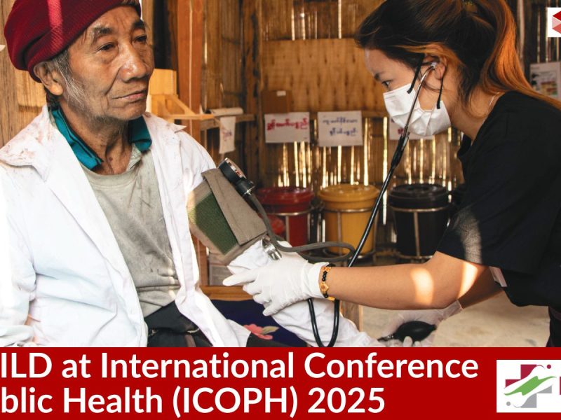 An older Burmese man has his blood pressure taken by a female doctor and the words 'ReBUILD at ICOPH'