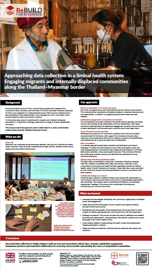 Screengrab of the poster 'Approaching data collection in a liminal health system:
Engaging migrants and internally displaced communities
along the Thailand–Myanmar border' with a photo of a young female doctor taking the blood pressure of an older man