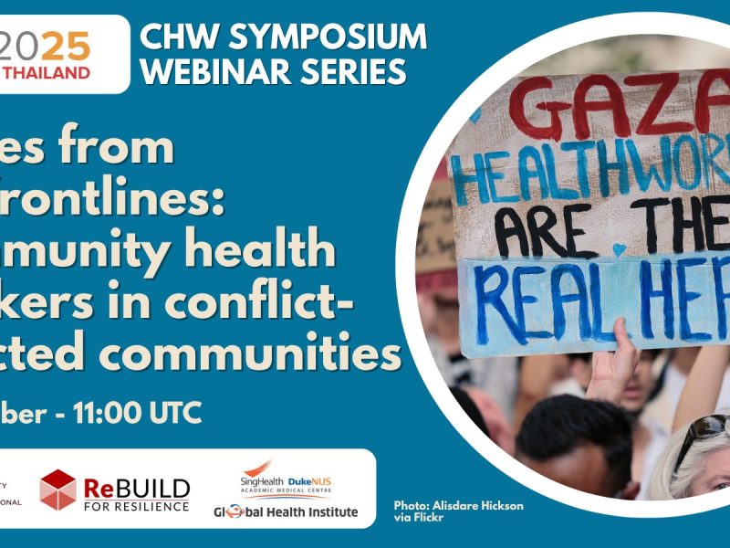 A homemade sign reading 'Gaza healthworkers are the real heroes' and the title of the webinar - Voices from the frontlines: Community health workers in conflict-affected communities