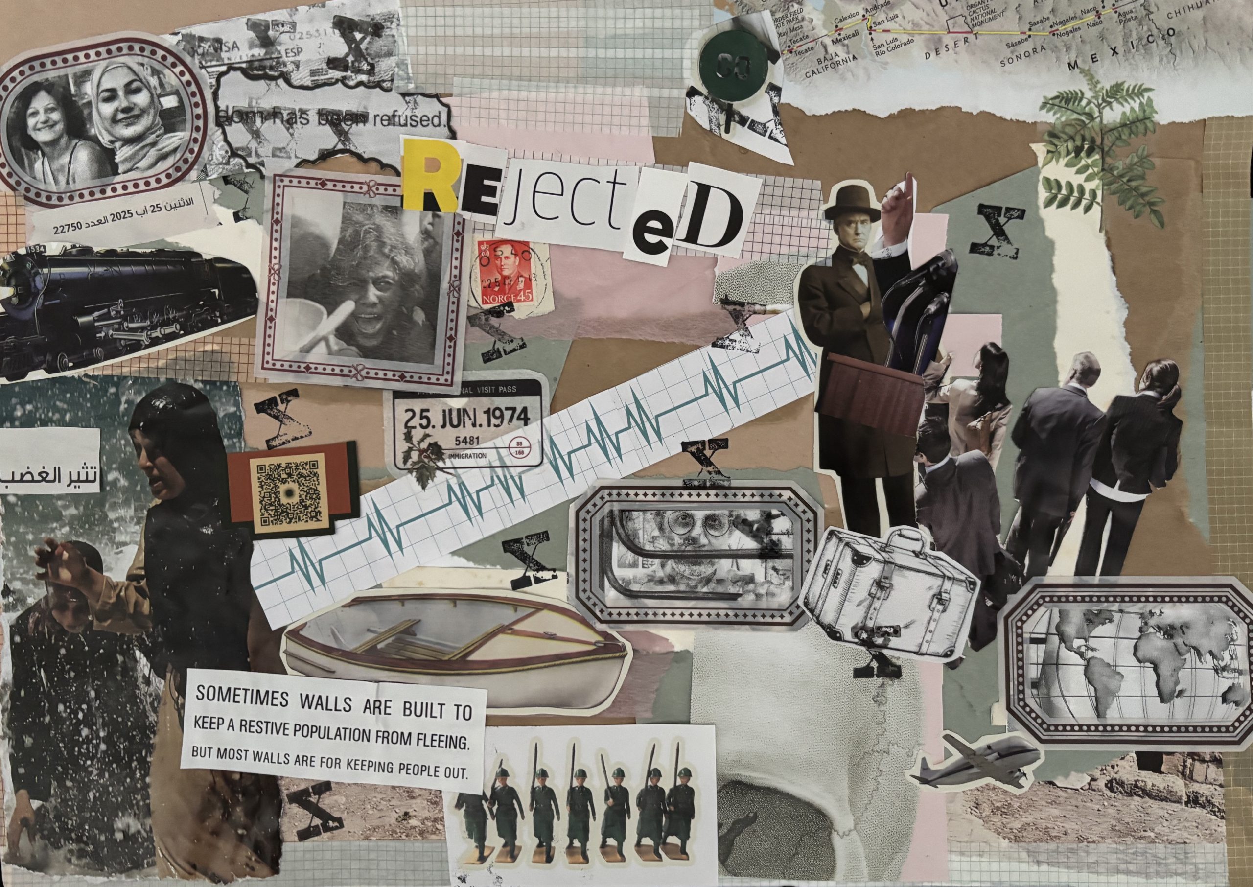 Collage showing images or travel, toy soldiers, people queueing, Xs, a women shouting, a man behind bars, two women smiling as they've been able to travel, and the word 'rejected'