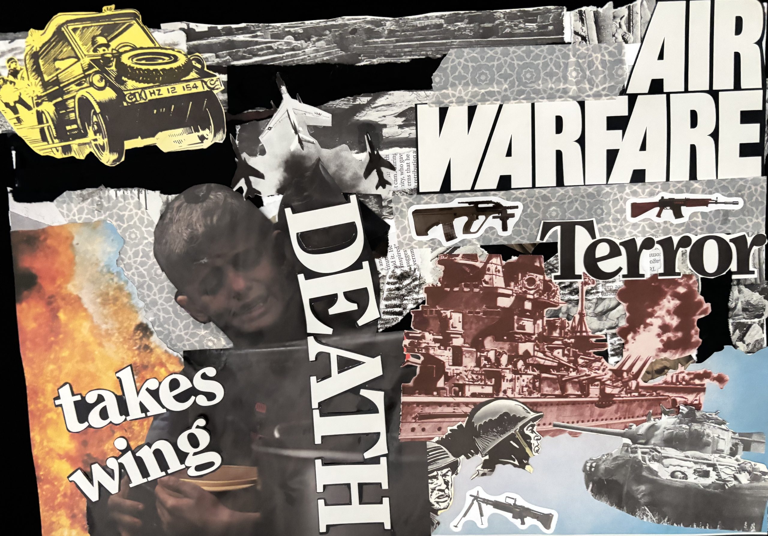 Collage showing the words 'air warfare', 'terror', and 'takes wings' and images of weaponry and a crying child holding an empty bowl