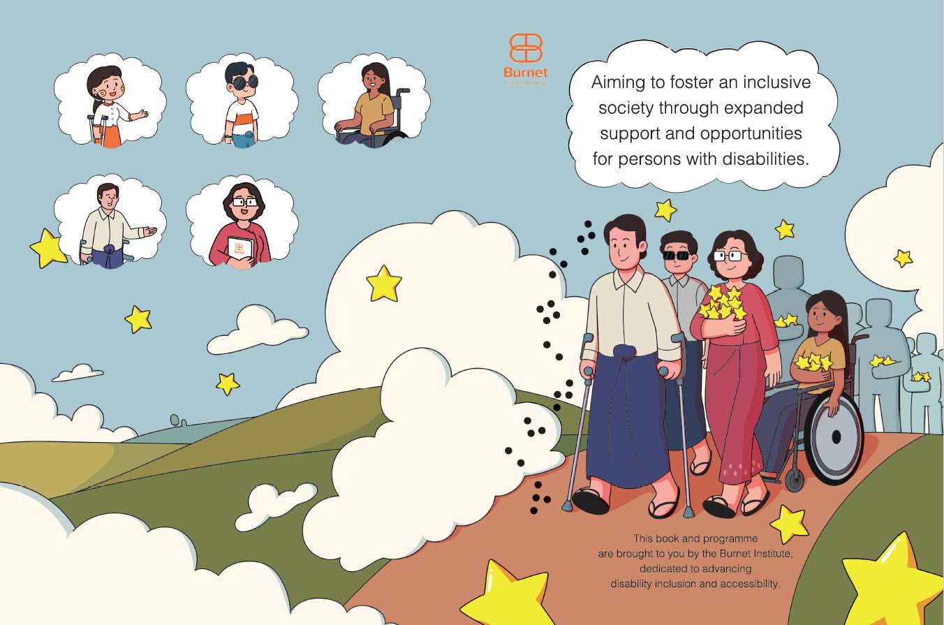 Colourful cover of a colouring book showing illustrations of people with disabilities and able bodied people walking together