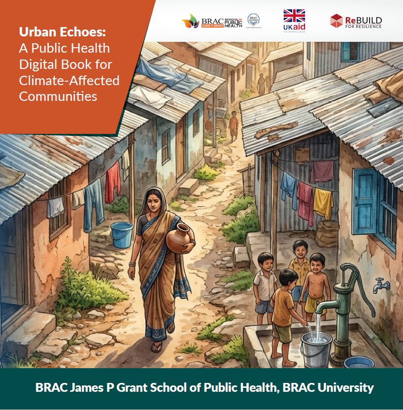 Cover of a booklet entitled 'Urban Echoes: A public health digital booklet for climate-affected communities' and an illustration of an informal urban settlement in Bangladesh